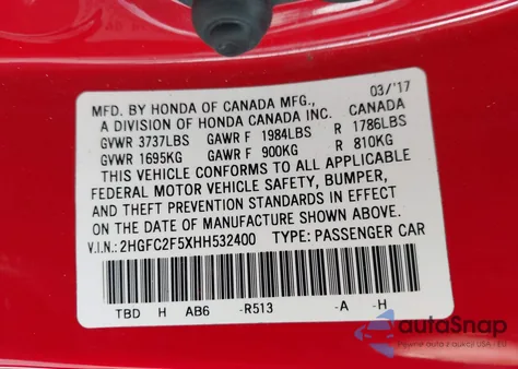 2017 Honda Civic Lx из США, поврежденный, VIN 2HGFC2F5XHH532400